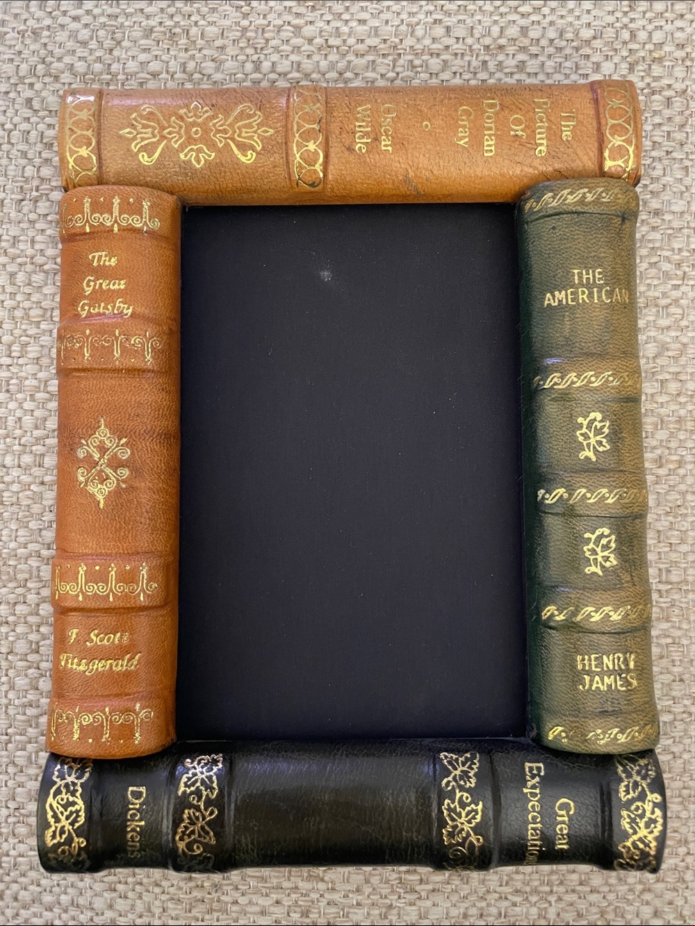 Faux Leather Book Spine Picture Frame in Tan, Green, and Black